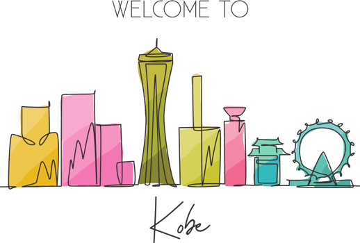 One single line drawing of Kobe city skyline, Japan. Historical town landscape in the world. Best holiday destination poster art. Editable stroke trendy continuous line draw design vector illustration png