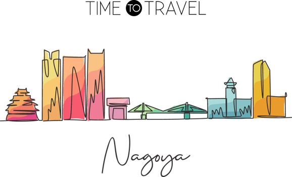 Single continuous line drawing of Nagoya city skyline, Japan. Famous city scraper and landscape. World travel concept home decor wall art poster print. Modern one line draw design vector illustration png