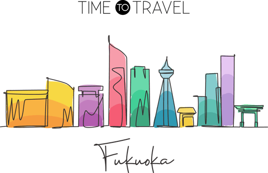 Single continuous line drawing of Fukuoka city skyline, Japan. Famous city scraper and landscape. World travel concept home wall art decor poster print. Modern one line draw design vector illustration png