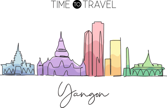 Single continuous line drawing of Yangon city skyline, Myanmar. Famous city scraper landscape. World travel concept home art decor wall print poster. Modern one line draw design vector illustration png