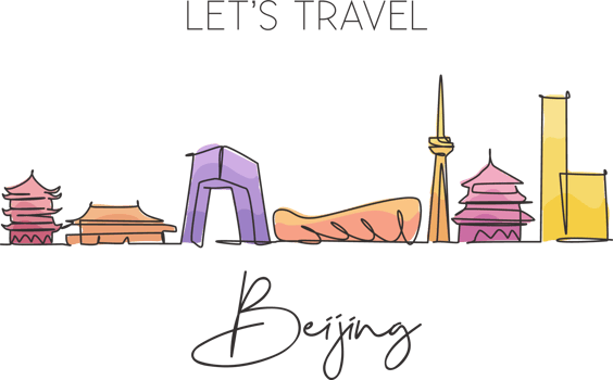 One continuous line drawing of Beijing city skyline, China. Beautiful landmark. World landscape tourism travel vacation poster art. Editable stylish stroke single line draw design vector illustration png