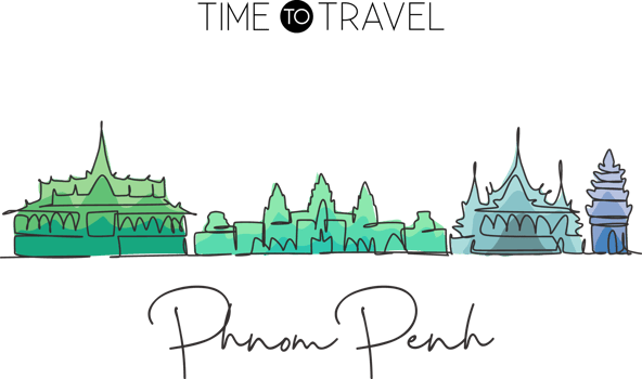 One continuous line drawing Phnom Penh city skyline, Cambodia. Beautiful landmark. World landscape tourism travel vacation poster. Editable stylish stroke single line draw design vector illustration png