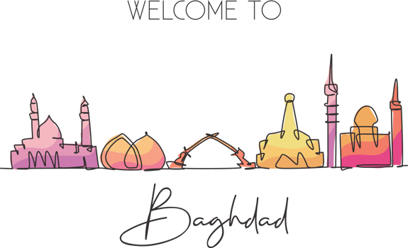 Single continuous line drawing of Baghdad city skyline, Iraq. Famous city scraper and landscape home wall decor poster print art. World travel concept. Modern one line draw design vector illustration png