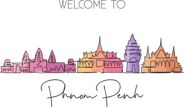 Single continuous line drawing of Phnom Penh city skyline, Cambodia. Famous city landscape. World travel concept home art wall decor poster print. Modern one line draw design vector illustration png