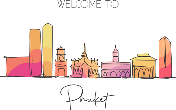 One continuous line drawing of Phuket city skyline, Thailand. Beautiful landmark. World landscape tourism travel vacation poster. Editable stylish stroke single line draw design vector illustration png