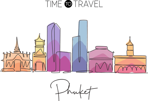 One single line drawing of Phuket city skyline, Thailand. Historical town landscape. Best holiday destination home art wall decor poster print. Trendy continuous line draw design vector illustration png