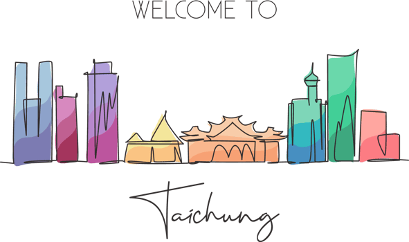 One single line drawing of Taichung city skyline, Taiwan. Historical town landscape home wall decor art poster print. Best holiday destination. Trendy continuous line draw design vector illustration png