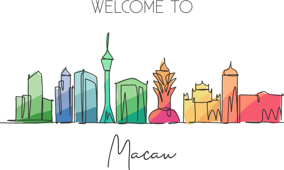 One single line drawing of Macau city skyline, China. Historical town landscape in the world. Best holiday destination. Editable stroke trendy continuous line draw design graphic vector illustration png