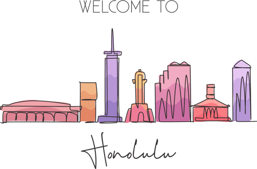 One continuous line drawing of Honolulu city skyline, Hawaii. Beautiful landmark. World landscape tourism travel home wall decor poster print art. Stylish single line draw design vector illustration png