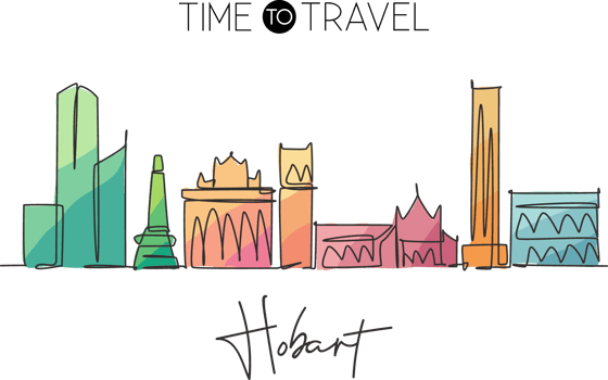 One single line drawing of Hobart city skyline, Australia. Historical town landscape in world. Best holiday destination poster. Editable stroke trendy continuous line draw design vector illustration png