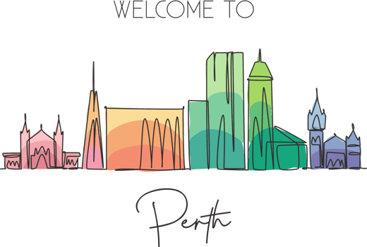 One single line drawing of Perth city skyline, Australia. Historical town landscape. Best holiday destination home decor wall art poster print. Trendy continuous line draw design vector illustration png