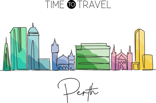 One continuous line drawing of Perth city skyline, Australia. Beautiful landmark. World landscape tourism travel vacation poster. Editable stylish stroke single line draw design vector illustration png