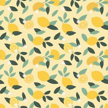 Cartoon seamless pattern with lemons, leaves, and flowers. Hand-drawn vector illustration for summer background, wallpaper, texture
