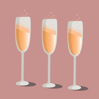 Three glasses of champagne on a pastel pink background. Vector illustration.
