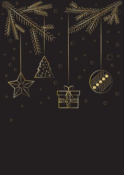 new year card in a minimalistic style. Christmas gold toys on a black background vector