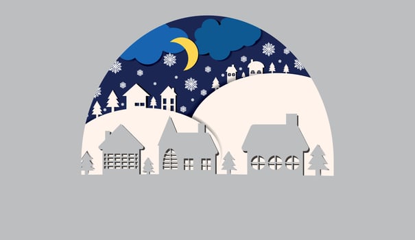 Vector image. Christmas card. Night winter landscape with houses and Christmas trees in the snow.