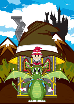 Cute Cartoon Magical Wizard and Fierce Green Dragon Illustration vector