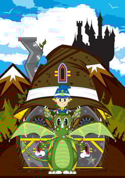Cute Cartoon Magical Wizard and Fierce Green Dragon Illustration vector