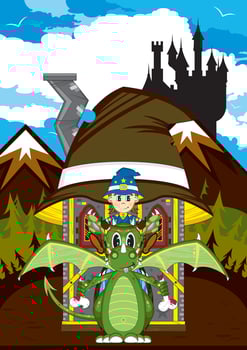 Cute Cartoon Magical Wizard and Fierce Green Dragon Illustration vector
