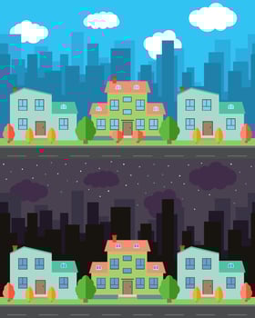 Vector city with cartoon houses and buildings in the day and night.Summer urban landscape. Street view with cityscape on a background