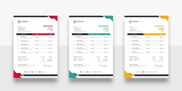 creative and Clean business Invoice design template. Creative invoice template vector. Three-color variation creative invoice template design. Tax form, bill graphic or payment receipt page set vector