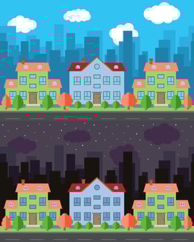 Vector city with cartoon houses and buildings in the day and night.Summer urban landscape. Street view with cityscape on a background