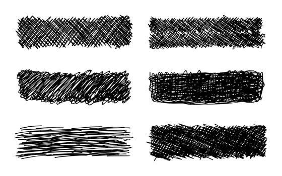 Sketch scribble smear. Set of six black pencil smears in the shape of a rectangle on white background. Great design for any purposes. Vector illustration.