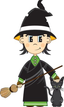 Cute Cartoon Magical Witch with Raven and Cat Halloween Illustration vector