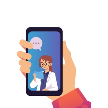 Hand holding smartphone with doctor on screen flat style vector