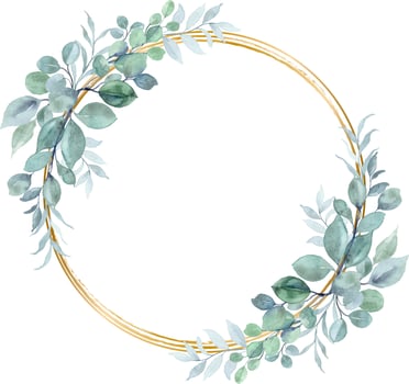 Watercolor eucalyptus leaves with gold circle for wedding, birthday, card, background, invitation, wallpaper, sticker, decoration etc. vector