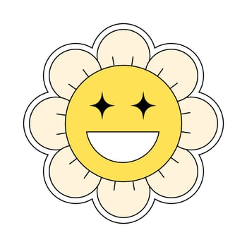Hippie groovy chamomile smiley character good vibes. Retro daisy flower head with face mascot. Positive nostalgic vintage cartoon style plant. Trendy y2y pop culture floral vector eps design