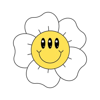 Hippie chamomile smiley character good vibes. Funny retro daisy mascot. Flower head with crazy face. Psychedelic positive vintage cartoon style plant. Trendy groovy y2y pop culture floral eps design vector