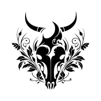 Decorative bull skull with floral horns. Monochrome vector illustration for t-shirt designs, logos, or Western-themed projects. Isolated on white.