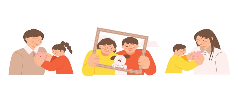 family month. People who appreciate their parents and love their children. Children putting carnation badges on mom and dad. A family in a photo frame. vector