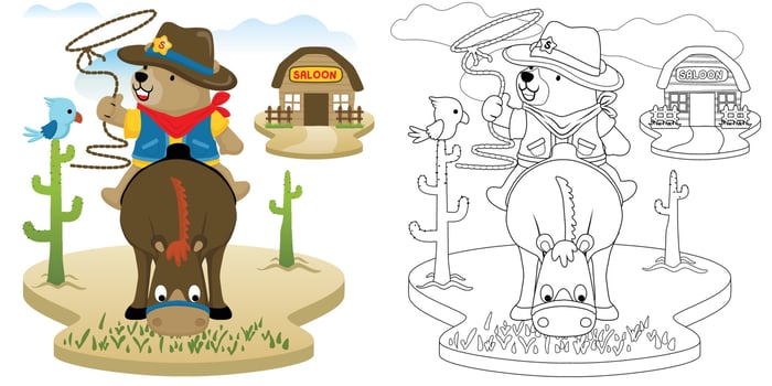 Vector cartoon illustration, coloring book of bear in cowboy costume with lasso riding horse, bird perch on cactus, wild west element cartoon