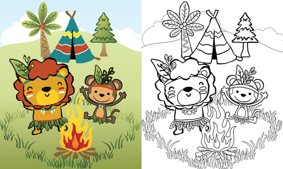 vector illustration of lion and monkey cartoon in Indian tribe accessories, coloring book or page