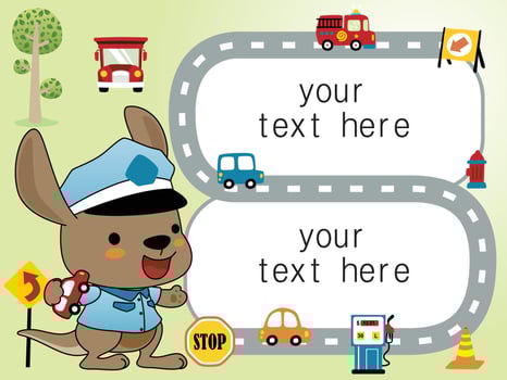 Cute kangaroo cartoon in traffic cop costume with toy cars, border template frame with traffic elements vector