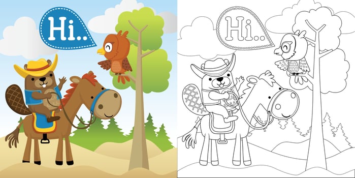 Vector cartoon illustration, coloring book of beaver in cowboy costume riding horse, owl on tree