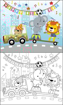 coloring book of cartoon funny animals in circus show on vehicle vector