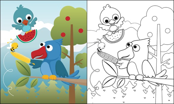 coloring book of birds cartoon carrying watermelon and corn with little bee, cute animals in forest vector