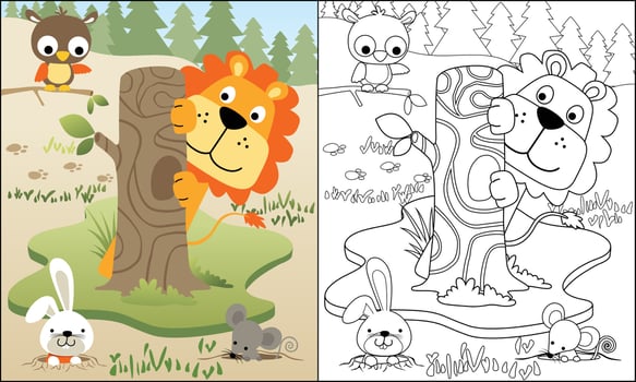 vector illustration of funny animals cartoon playing hide and seek in forest, coloring book or page
