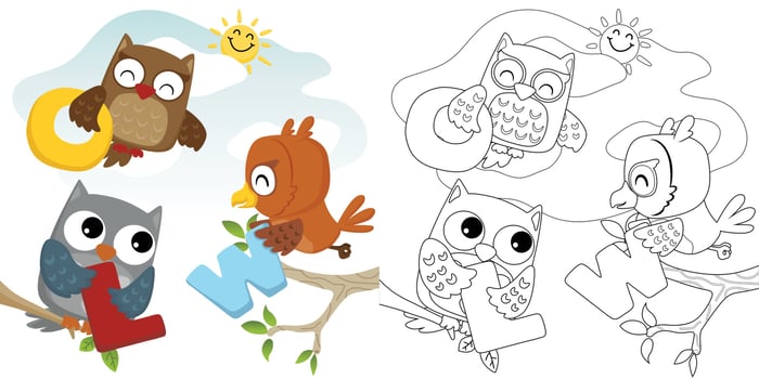 Vector cartoon illustration, coloring book of funny owls holding letter