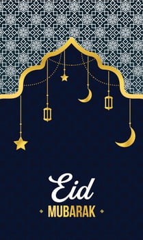 Golden Eid Mubarak Banner and Poster Template With Illuminated Lanterns Islamic Ornament Star and Crescent Moon vector