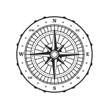 Old compass, vintage map wind rose navigation vector