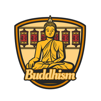 Buddhism icon with buddha and prayer wheels vector