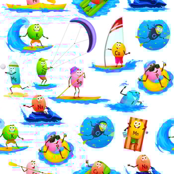 Cartoon minerals on summer vacations, pattern vector