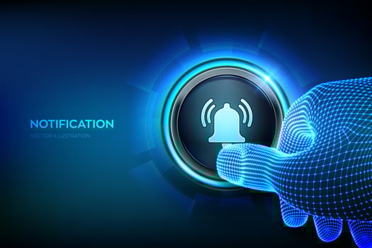 Notification button. Notification message icon. Alarm, alert symbol. Closeup finger about to press a button with bell sign. Vector illustration.