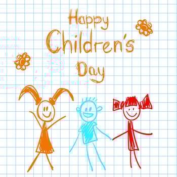 Poster with notebook paper and cute doodle drawing of happy kids and precepts to celebrate Children s Day. vector