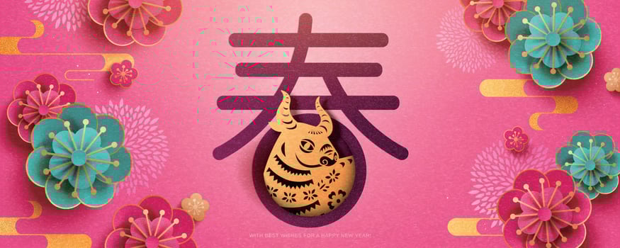 Chinese new year banner with exquisite paper cutting flower and bull on cerise pink background, Chinese translation, Spring vector