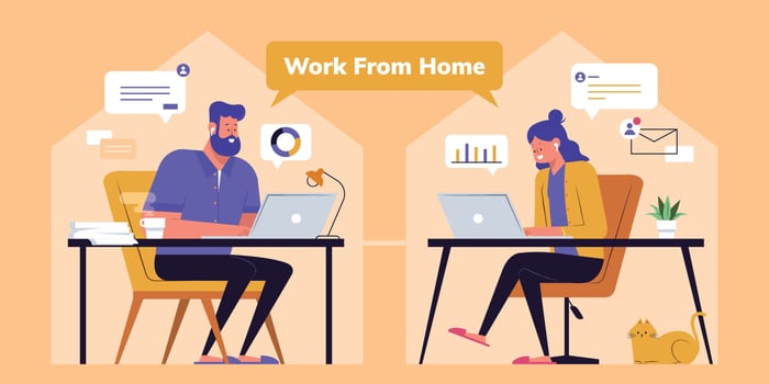 Work from home concept in flat design, with a man and woman staying at home using their computer to make online conference vector
